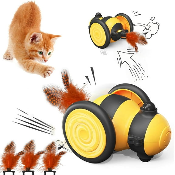 TETOU Interactive Cat Toy,  Bee Automatic Cat Toy with Feather & LED Lights, USB Rechargeable Moving Cat Toys Smart Sensing Electric Kitten Toys for Indoor Cats
