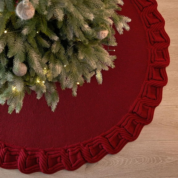 TETOU Knitted Christmas Tree Skirt 36in Red Tree Skirt Rustic Christmas Tree Decorations Xmas Holiday Party Decor