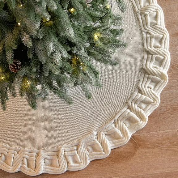 TETOU Knitted Christmas Tree Skirt 48 inches White Tree Skirt Rustic Christmas Tree Decorations Holiday Party Decor