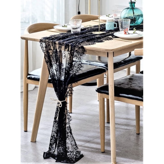 TETOU 1pc Black Lace Table Runner, 14*120 Inch Embroidered Boho Table Runner, Vintage Rustic Table Runners for Wedding Party Bridal Shower Decorations