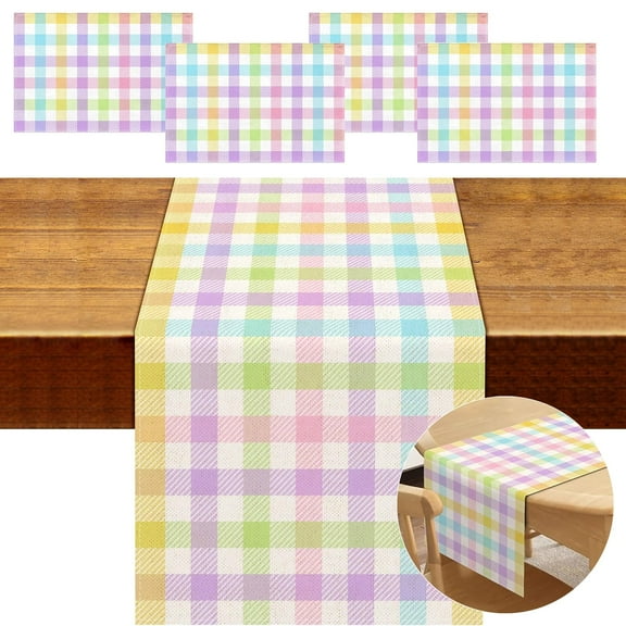 TETOU Linen Table Runner and Placemat Set Colorful Buffalo Plaid Non Slip Heat-Resistant for Kitchen Dining Table Home Decoration