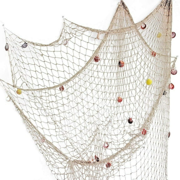 TETOU 1Pc Nature Fish Net with Shells Cotton Fishing Net Wall Decoration for Ocean Themed Pira'te Party, Hawaiian Beach Party Decor-Beige