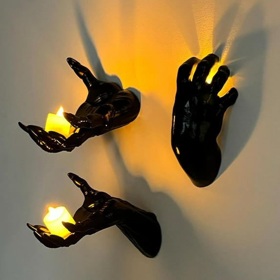 TETOU Pack of 3 Wall Mounted Creepy Reaching Hands with Lighted Candles, Life-Sized Horror Hands for Gothic Wall Decorations, Scary Halloween Indoor Outdoor Decor