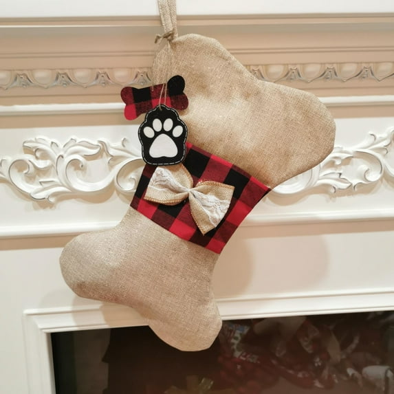 TETOU Pet Dog Christmas Stockings Burlap Plaid Large Dog Bone Fish Shape Red Classic Hanging Stocking Christmas Decor