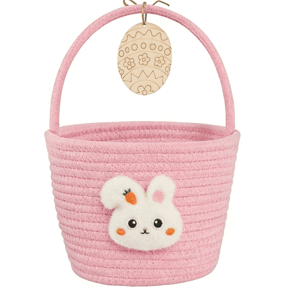 TETOU Pink Easter Basket with Handle, 6.3"×7"×9" Personalized Woven Rope Bunny Easter Gift Empty Basket with Wooden Card for Easter Kids Eggs Treasure Hunt Baskets Supplies