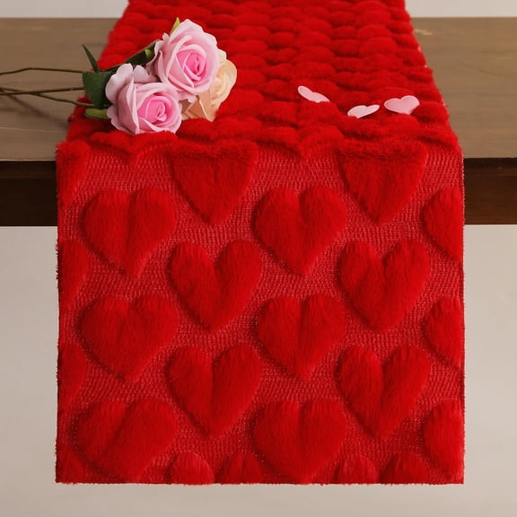 TETOU Red Heart Jacquard Table Runner - Soft Plush Faux Fur, Valentine's Day Decor for Dining Table, Romantic Kitchen & Home Party Seasonal Decorations