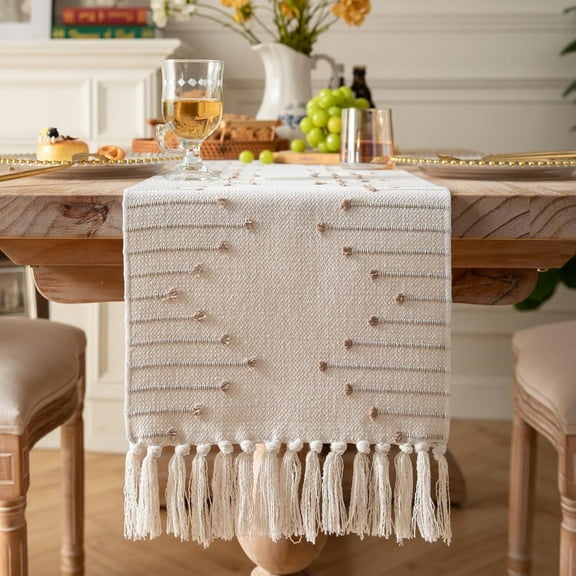 TETOU Striped Jacquard Boho Table Runner 12x72 Inch with Tassels Fringe, Cotton Woven Table Runner for Dining Table Farmhouse Home Decor Beige