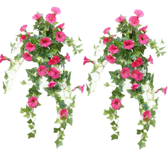 TETOU 2Pcs UV Simulation Artificial Flowers, Artificial Morning Glories, Fade Resistant Fake Hanging Flowers for Outdoors Home Porch Garden Patio Decoration - Rose Red