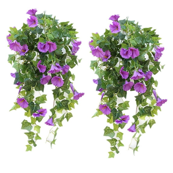 TETOU 2Pcs UV Simulation Artificial Flowers, Artificial Morning Glories, Fade Resistant Fake Hanging Flowers for Outdoors Home Porch Garden Patio Decoration - Purple