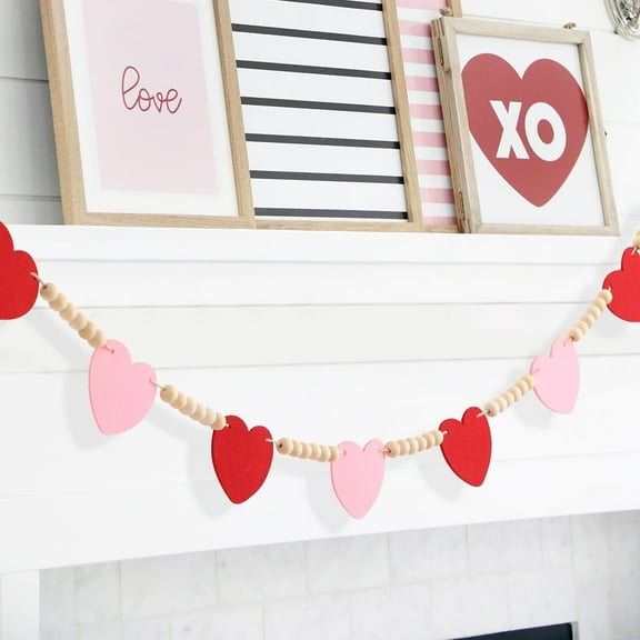 TETOU Valentines Day Decorations Red Pink Felt Heart Wood Beads Valentines Garland 4.5ft Felt Banner Fireplace Mantel Home Decor