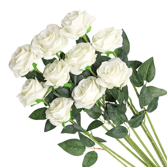 TETOU White Rose 10pcs Artificial Rose Flowers Silk Roses Real Touch for Party Bridal Wedding Bouquet Decor