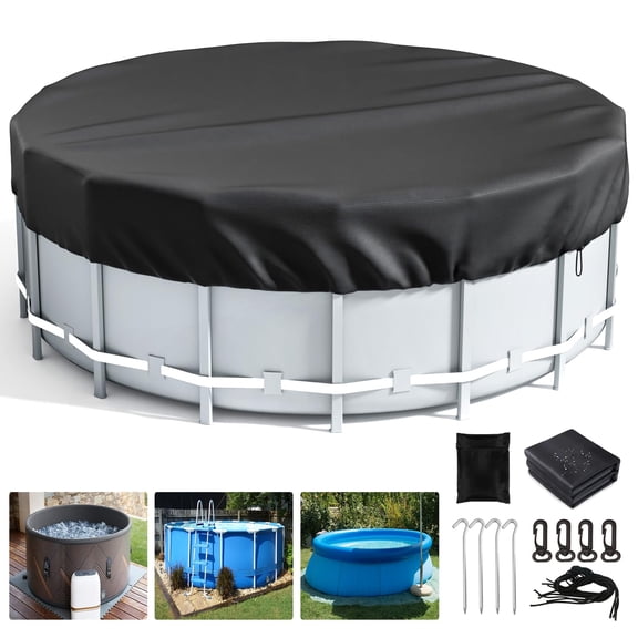 TETSELF 14ft Round Pool Cover, Above Ground Pool Cover, Inflatable Pool Cover Protector with Pool Accessories, Above Ground Pool Cover, Waterproof and Dustproof Pool Cover, Black