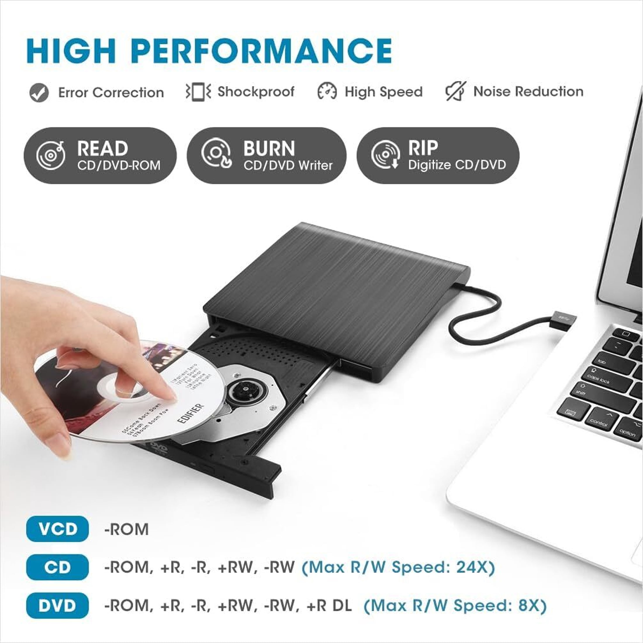 TETSELF USB 3.0 External CD/DVD Drive, Portable DVD/CD±RW Burner ...