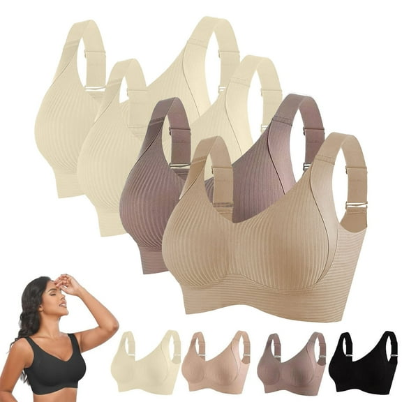 TEVEQ 4Pc Racerback Sports Bras for Women High Support No Underwire Seamless Wireless Bra Full Coverage Padded Support Bra for Yoga Gym Workout Fitness Thin Laceless Ring Comfortable Breathability Un