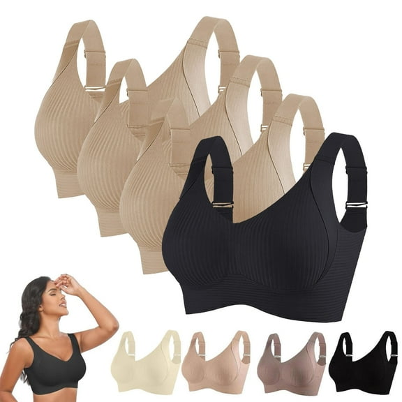 TEVEQ 4Pc Racerback Sports Bras for Women High Support No Underwire Seamless Wireless Bra Full Coverage Padded Support Bra for Yoga Gym Workout Fitness Thin Laceless Ring Comfortable Breathability Un