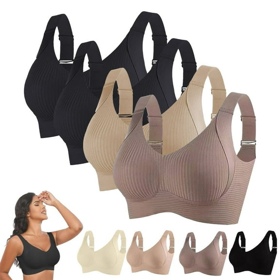 TEVEQ 4Pc Racerback Sports Bras for Women High Support No Underwire Seamless Wireless Bra Full Coverage Padded Support Bra for Yoga Gym Workout Fitness Thin Laceless Ring Comfortable Breathability Un