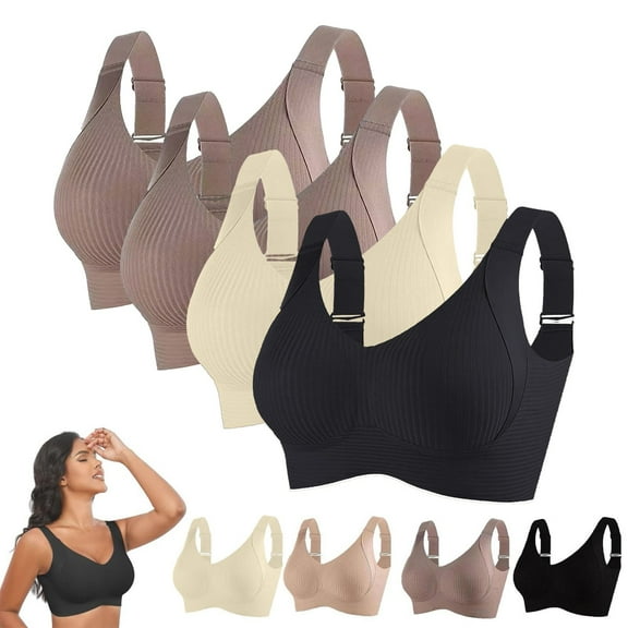 TEVEQ 4Pc Racerback Sports Bras for Women High Support No Underwire Seamless Wireless Bra Full Coverage Padded Support Bra for Yoga Gym Workout Fitness Thin Laceless Ring Comfortable Breathability Un