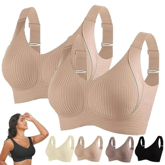 TEVEQ Bras for Women No Underwire Comfortable Wireless Seamless Push Up Bras Sports Bras for Women Comfortable Ribbed Wireless Bralettes Adjustable Padded Everyday Bra 2Pc Beige L