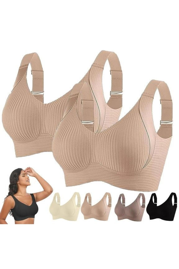 Bras for Women No Underwire Comfortable Wireless Seamless Push Up Bras Sports Bras for Women Comfortable Ribbed Wireless Bralettes Adjustable Padded Everyday Bra 2Pc Beige 4Xl