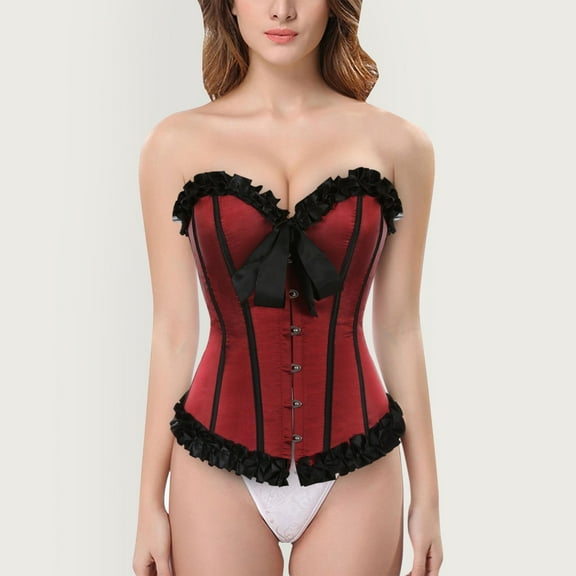 TEVEQ Corset Tops for Women Plus Size Lace Up Bustier Renaissance Waist Cincher Overbust Gothic Bustiers Halloween Costumes,Vintage Satin Bow Overbust Bustier Shapewear Shaping Corset Wine M