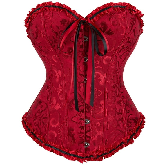 TEVEQ Corset Tops for Women Strapless 2025 Trendy Women's Corset Top Bustier Plus Size Women's Overbust Satin Floral Trim Women Bustier Corset Top Red 3Xl