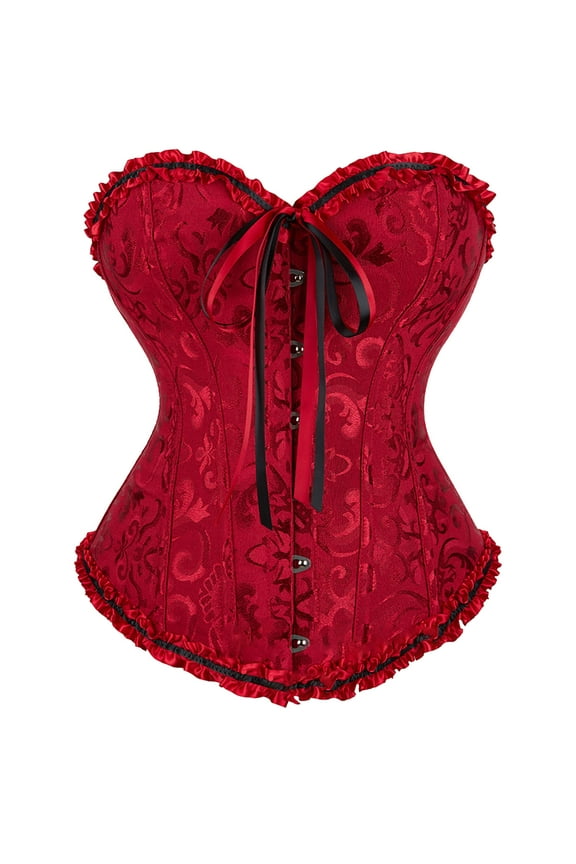 Corset Tops for Women Strapless 2025 Trendy Women's Corset Top Bustier Plus Size Women's Overbust Satin Floral Trim Women Bustier Corset Top Red S