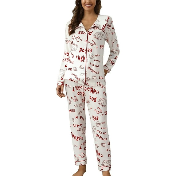 TEVEQ Cotton Pajamas for Women Set 2 Piece Long Sleeve Button Up Sleepwear Loose Pj Pants Sets Soft Comfy Loungewear Women Casual Lapel Button Print Two Piece Long Sleeve Pajamas Pajamas Suit Red Xl