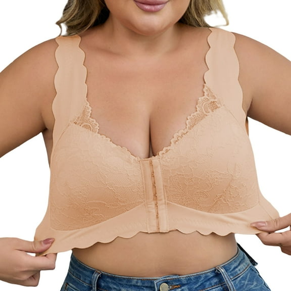 TEVEQ Front Closure Bras for Women Seamless Wireless Push Up Bra No Underwire Full Coverage Comfort Bras Front Buttoned Back Lace Thin Plus Size Close In Bra for Women Khaki Xl
