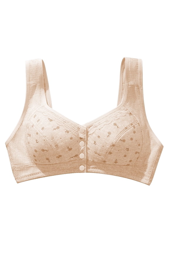 Front Closure Bras for Women Wireless Bralett Seamless V-Neck Lightweight T-Shirts Bra for Middle and Elderly Pure Cotton Thin Frameless Lace Back Front Opening Bra for Mothers Beige L