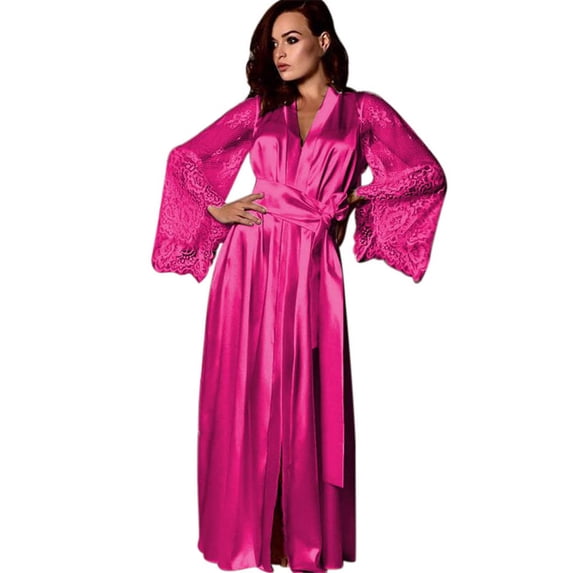 TEVEQ Lace Silk Robes for Women Long Satin Kimono Robe Bridesmaids Wedding Party Robe Loungewear Sleepwear,Satin Robe Sheer Lace Kimono Fuzzy V Neck Long Sleeve Belted Bathrobe Hot Pink 3XL