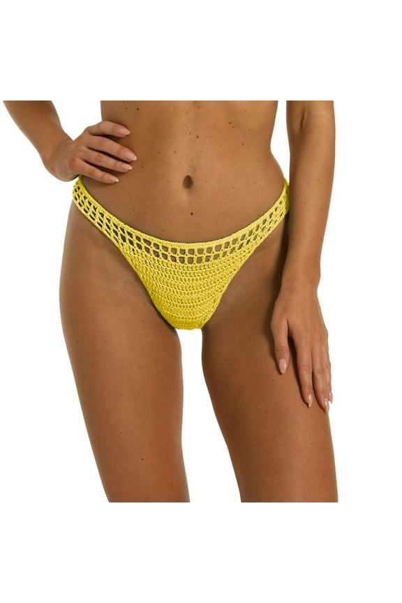 Ladies Summer Handmade Crochet Bikini Shorts Solid Color Belt Lined Knitted Swim Bikini Bottoms for Women Womens Bikini Bottom Low Waisted Bathing Swimsuit Bathing Suit Bottoms Cheeky Yellow M