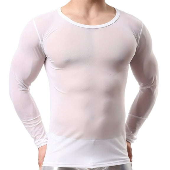 TEVEQ Men's Long Sleeve Mesh Sheer T-Shirt Top Transparent Undershirt Men's Underwear Mesh Breathable Shirts Men's Long Sleeve Sleepwear See Through Mesh Blouse Casual White Xxl
