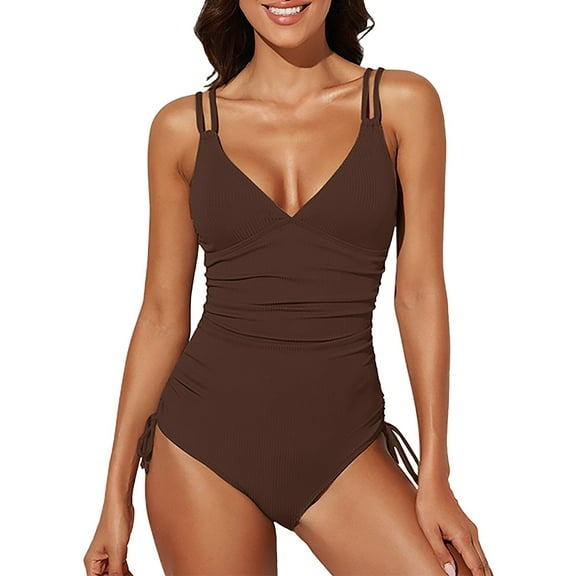 TEVEQ One Piece Swimsuit Women Tummy Control Swim Suits for Women 2025 Swimsuit for Women Solid Color Slimming Drawstring High Waist Swimsuit Coffee M