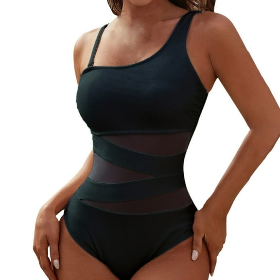 TEVEQ One Shoulder One Piece Swimsuit Women Tummy Control Mensh Swim Suits for Women 2025 Women's Spliced Thin Strap Sloping Shoulder Solid Color Conservative Swimsuit Black S