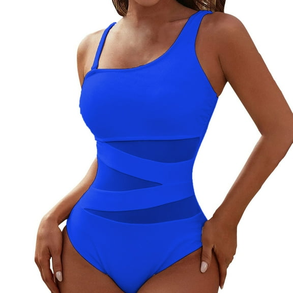 TEVEQ One Shoulder One Piece Swimsuit Women Tummy Control Mensh Swim Suits for Women 2025 Women's Spliced Thin Strap Sloping Shoulder Solid Color Conservative Swimsuit Blue S