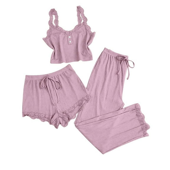 TEVEQ Pajama Set for Women 2 Piece Lounge Set Soft Sleepwear Set Women's Pyjamas Set of 3 Lace Pyjamas Sleepwear V Neck Tank Top Pyjama Shorts 3 Piece Leisure Suit Pink L