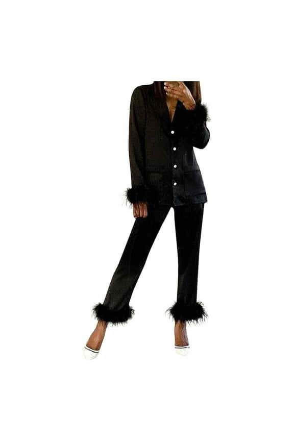 Pajama Sets for Women Satin 2 Piece Sleepwear Women Fe Ather Two- Suit Long Sleeve Solid Color Button Camis Tops+Long Pants 2 Sleepwear Winter Set Satin Pajama Set for Women Black L