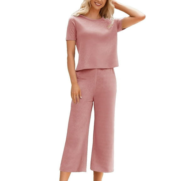 TEVEQ Pajama Sets for Womens 2 Piece Lounge Sets Short Sleeve Tops and Pants Comfy Pjs Sleepwear Ice Couple Pajamas Set Round Neck Loose Large Size Home Clothes Printed Pajamas Thin Style Pink Xl