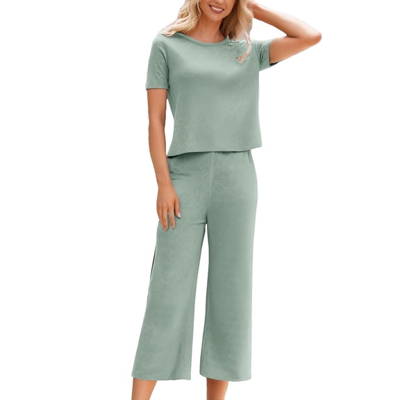 TEVEQ Pajama Sets for Womens 2 Piece Lounge Sets Short Sleeve Tops and Pants Comfy Pjs Sleepwear Ice Couple Pajamas Set Round Neck Loose Large Size Printed Pajamas Thin Style Light Green Xl