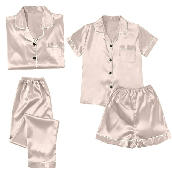 TEVEQ Satin Silk Pajamas for Women Set 4Pcs Soft Satin Pajamas Set Button Down Short Sleeve Cami Shorts Sleepwear Pj Set Sleepwear and Shorts Set Women Leisure Loungewear Rose Gold Xl