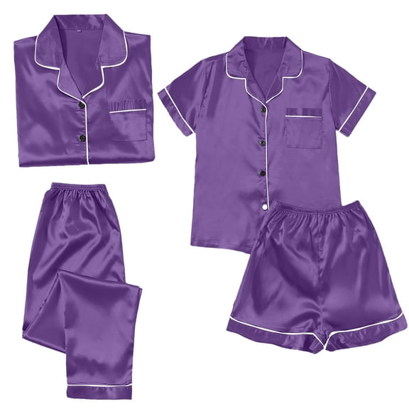 TEVEQ Satin Silk Pajamas for Women Set 4Pcs Soft Satin Pajamas Set Button Down Short Sleeve Cami Shorts Sleepwear Pj Set Sleepwear and Shorts Set Women Leisure Suit Loungewear Purple M