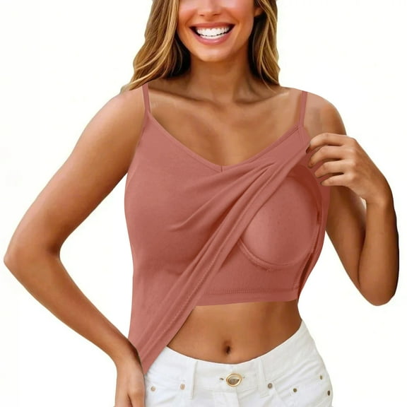 TEVEQ Tank Tops for Women 2025 Built In Shelf Bra Spaghetti Strap Summer Camisole Slim Fit Sleeveless Women with Breast Pad Short Large Backless Small Vest with Back Underwear Pink M