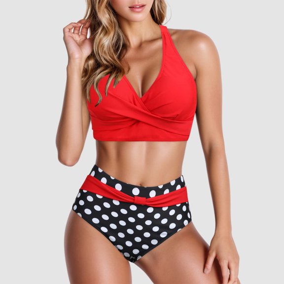 TEVEQ Tankini Swimsuits for Women Tummy Control Swimsuits for Women 2 Piece with Short 2024 Woman New Split Wrap Hollow Out Bikini Solid Color High Waist Quick Selling Bikini Red M
