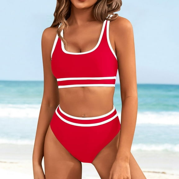 TEVEQ Tankini Swimsuits for Women Tummy Control Swimsuits for Women 2 Piece with Short Women's Two Swimsuit High Waisted Contrasting Colors Bikini Sets Double Shoulder Bathing Suits for 2024 Red M