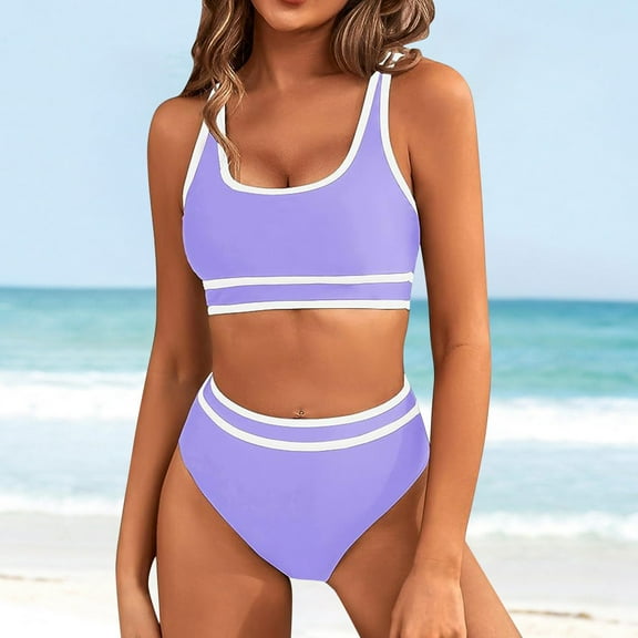 TEVEQ Tankini Swimsuits for Women Tummy Control Swimsuits for Women 2 Piece with Short Women's Two Swimsuit High Waisted Contrasting Colors Bikini Sets Double Shoulder Bathing Suits for 2024 Purple S