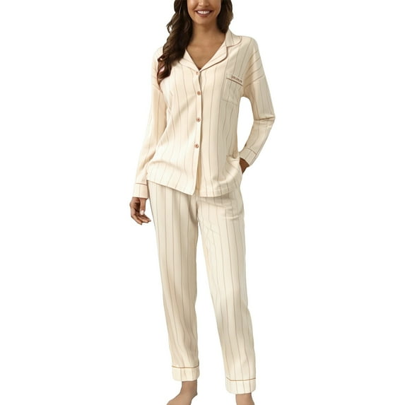 TEVEQ Women 2 Piece Pajamas Set Button Down Long Sleeve Pjs Set Soft Lounge Set with Long Pants Women Casual Lapel Button Print Two Piece Long Sleeve Pajamas Pajamas Suit Beige L