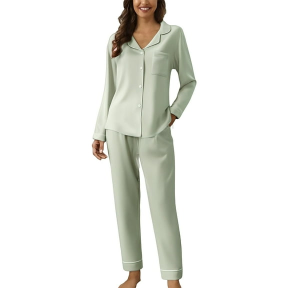 TEVEQ Women 2 Piece Pajamas Set Button Down Long Sleeve Pjs Set Soft Lounge Set with Long Pants Women Casual Lapel Button Print Two Piece Long Sleeve Pajamas Pajamas Suit Green Xxl