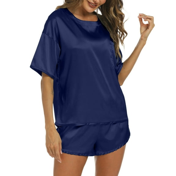 TEVEQ Women 2 Piece Pajamas Set Sleepwear Soft Comfy Lounge Set Pajama Set for Women Shorts and Top Summer Sets Satin Button Up Pajamas Comfy 2 Sleepwear Sets Dark Blue S
