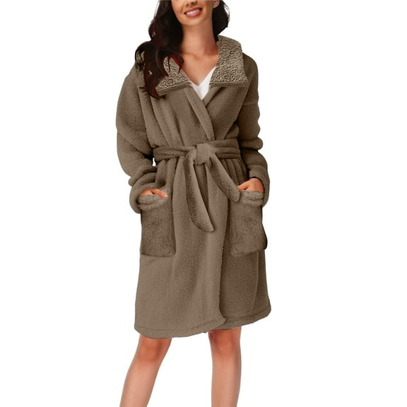 TEVEQ Women Kimono Robes Full Length Knit Bathrobe Lightweight Soft Sleepwear V-Neck Casual Ladies Loungewear Women's Fall/Winter Hooded Pajamas Home Plush Thermal Bathrobe Nightgown Brown S