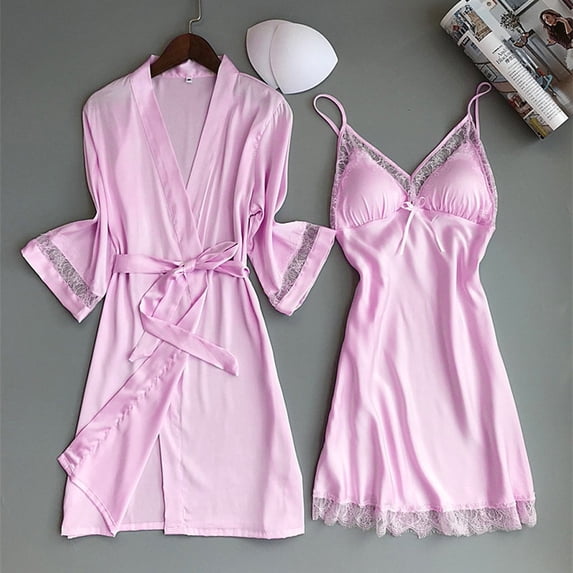 TEVEQ Women'S Kimono Robe Gorgeous Loungewear 2Pc Set Sleepwear Camisole&Robe,Satin Silk Nightgown with Robes Set Lace Cami Nightwear Pajama Sets Kimono Bridesmaid Robes Satin Nightgown and Robe Sets